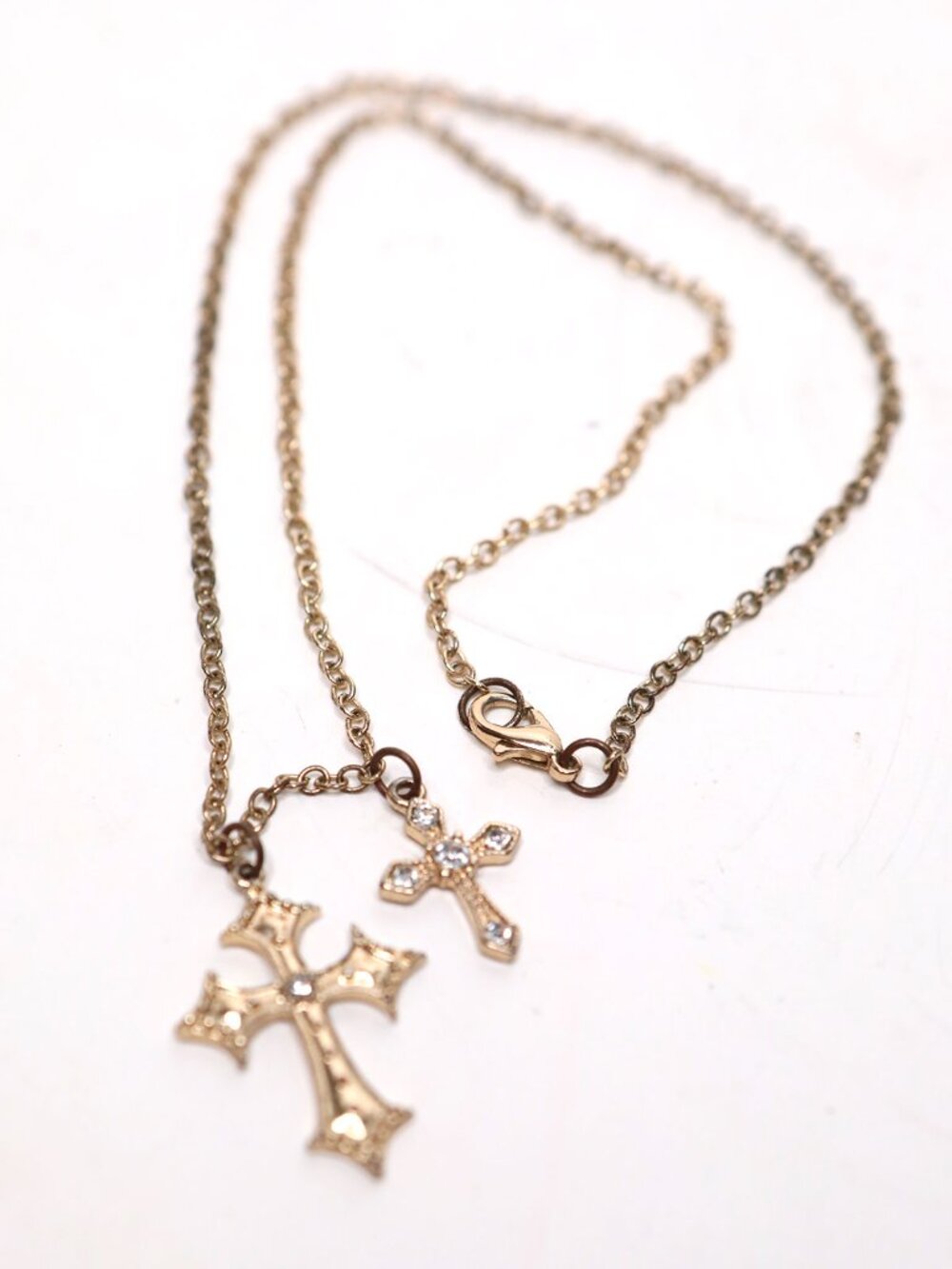 Gold Tone Double Cross Pendant Rhinestone Charm Chain Necklace Gothic Religious